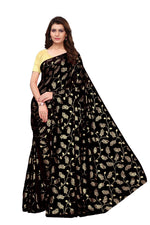Womens Black Color Satin Poly Silk Saree With Foil Work