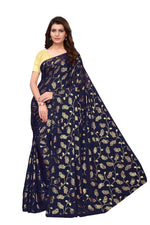 Womens Navy Color Satin Poly Silk Saree With Foil Work
