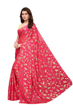Womens Pink Color Satin Poly Silk Saree With Foil Work