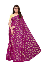 Womens Wine Color Satin Poly Silk Saree With Foil Work