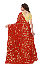 Womens Red Color Satin Poly Silk Saree With Foil Work