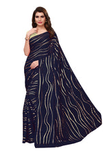 Womens Navy Color Satin Poly Silk Saree With Foil Work
