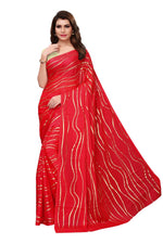 Womens Red Color Satin Poly Silk Saree With Foil Work