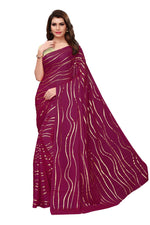 Womens Wine Color Satin Poly Silk Saree With Foil Work