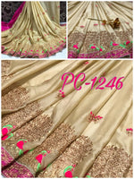 Womens Golden Color Rangoli Silk Saree With Embroidery & Zari & Diamonds  Work