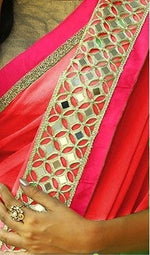 Womens Gajari Color Georgette Saree With Fancy Codding Lace Work