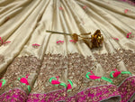 Womens Golden Color Rangoli Silk Saree With Embroidery & Zari & Diamonds  Work