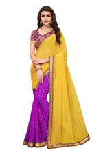 Womens Yellow Color Satin Georgette Saree With Half And Half  Work