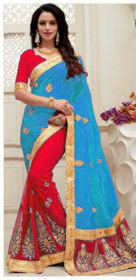 Womens SkyBlue-Red Color Georgette And Paper Silk Saree With Blouse