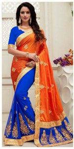 Womens Orange-Blue Color Georgette And Paper Silk Saree With Blouse