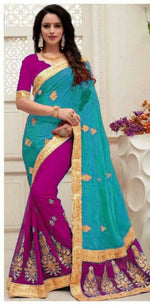 Womens Rama-Wine Color Georgette And Paper Silk Saree With Blouse