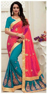 Womens Rani-Rama  Color Georgette And Paper Silk Saree With Blouse