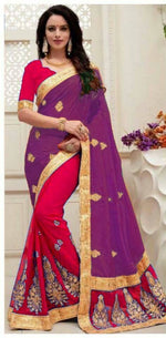 Womens Wine-Rani  Color Georgette And Paper Silk Saree With Blouse