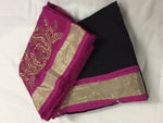 Womens Black Color Chanderi Cotton Saree With Blouse