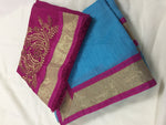 Womens Sky Blue Color Chanderi Cotton Saree With Blouse