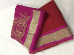 Womens Red Color Chanderi Cotton Saree With Blouse