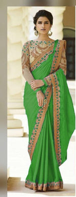 Womens Green Color Catonic Rangoli Saree With Blouse
