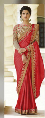 Womens Red Color Catonic Rangoli Saree With Blouse