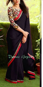 Womens Black Color Georgette Saree With Blouse