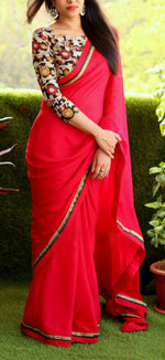 Womens Red Color Georgette Saree With Blouse