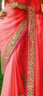 Womens Gajari Color Georgette Saree With Fancy Codding Lace Work
