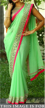 Womens Parrot Color Georgette Saree With Fancy Codding Lace Work