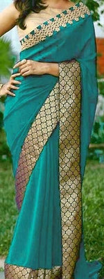 Womens Teal Color Georgette Saree With Brocat Lace