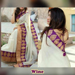 Womens Wine Color Chanderi Cotton Saree With Dori Work