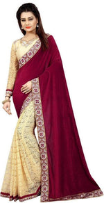 Womens Maroon Color Velvet Saree With Embroidery Work