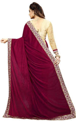Womens Maroon Color Velvet Saree With Embroidery Work