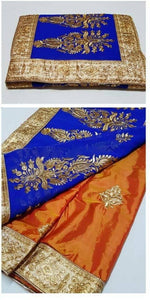 Womens Orange-Blue Color Georgette And Paper Silk Saree With Blouse