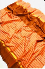 Chanderi Cotton Orange Color Plain Saree in crepe pattern With Blouse