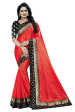 Womens Red Color Poly Silk Saree With Plain With Lace Work