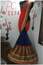 Womens Orange Color Georgette Saree With Embroidery Coding Work