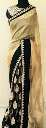 Womens Black Color Chanderi Cotton With Georgette Saree With Embroidery Work