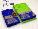 Womens Parrot Color Pure Tusser Silk Saree With Butti Work