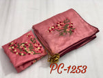 Womens Peach Color Vichitra Silk Saree With Embroidery Resam  Work