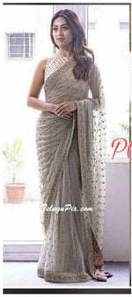 Womens Grey Color Mono Soft Net Silk Saree With Embroidery & Zari Work