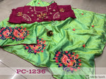 Womens Green Color Paper Slik Saree With Embroidery Resham& Zari Work