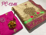Womens Golden Color Rangoli Silk Saree With Embroidery & Zari & Diamonds  Work