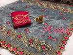 Womens Grey Color Organza Saree With Embroidery Work