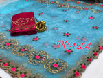 Womens SkyBlue Color Organza Saree With Embroidery Work