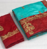 Womens Rama Color Vichitra Silk Saree With Embroidery Zari & Butti Work