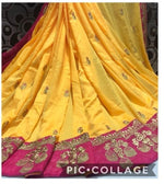 Womens Yellow Color Vichitra Silk Saree With Embroidery Zari & Butti Work
