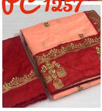 Womens Peach Color Vichitra Silk Saree With Embroidery Zari & Butti Work