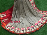 Womens Grey Color Vichitra Silk Saree With Embroidery Work