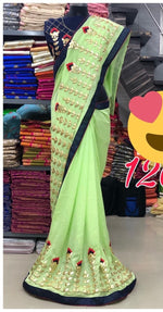 Womens Green Color Vichitra Silk Saree With Embroidery & Gota Work