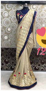 Womens Golden Color Vichitra Silk Saree With Embroidery & Gota Work