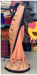 Womens Peach Color Vichitra Silk Saree With Embroidery & Gota Work