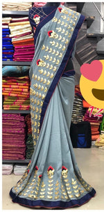 Womens Grey Color Vichitra Silk Saree With Embroidery & Gota Work